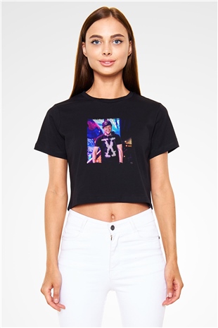 Excision Baskılı Crop Top Siyah Kadın Tişört
