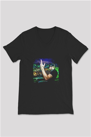 Excision Baskılı Unisex Siyah V Yaka Tişört