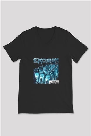 Excision Baskılı Unisex Siyah V Yaka Tişört
