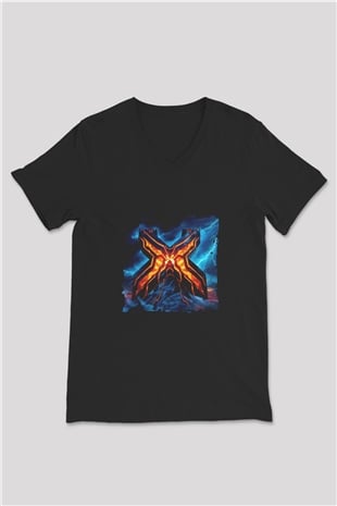 Excision Baskılı Unisex Siyah V Yaka Tişört