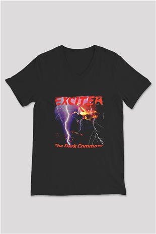 Exciter Baskılı Unisex Siyah V Yaka Tişört