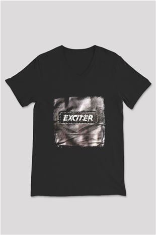 Exciter Baskılı Unisex Siyah V Yaka Tişört