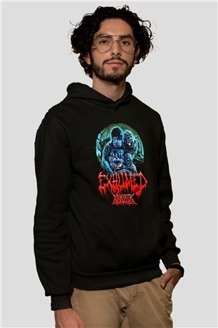 Exhumed Baskılı Unisex Siyah Kapüşonlu Sweatshirt