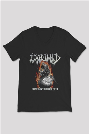 Exhumed Baskılı Unisex Siyah V Yaka Tişört - Tshirt