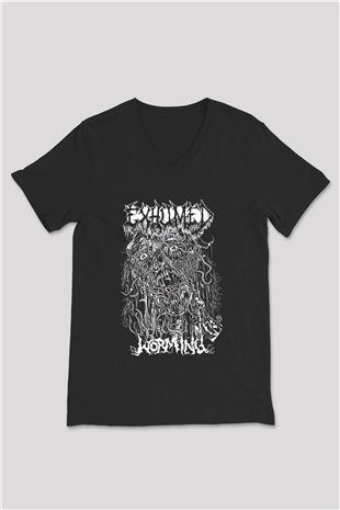 Exhumed Baskılı Unisex Siyah V Yaka Tişört - Tshirt