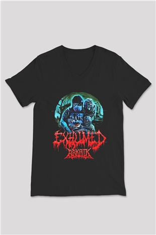 Exhumed Baskılı Unisex Siyah V Yaka Tişört - Tshirt