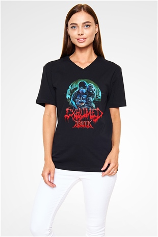 Exhumed Baskılı Unisex Siyah V Yaka Tişört - Tshirt