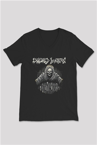 Exhumed Baskılı Unisex Siyah V Yaka Tişört - Tshirt