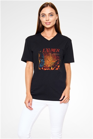 Exumer Baskılı Unisex Siyah V Yaka Tişört