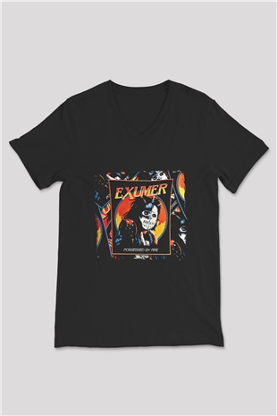 Exumer Baskılı Unisex Siyah V Yaka Tişört
