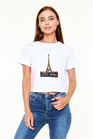 Eyfel Kulesi Beyaz  Crop Top Tişört