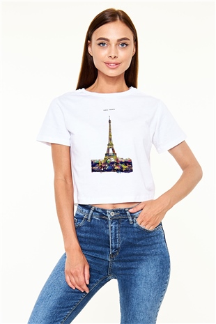 Eyfel Kulesi Beyaz  Crop Top Tişört