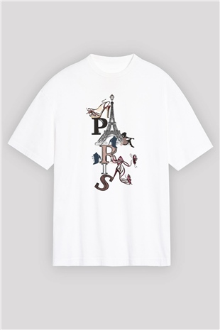 Eyfel Kulesi Beyaz Unisex Oversize Tişört T-Shirt
