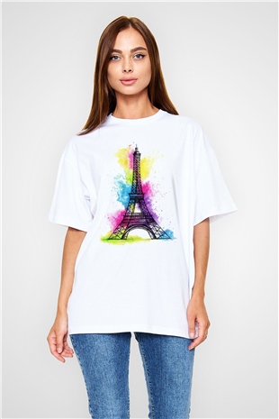 Eyfel Kulesi Beyaz Unisex Oversize Tişört T-Shirt