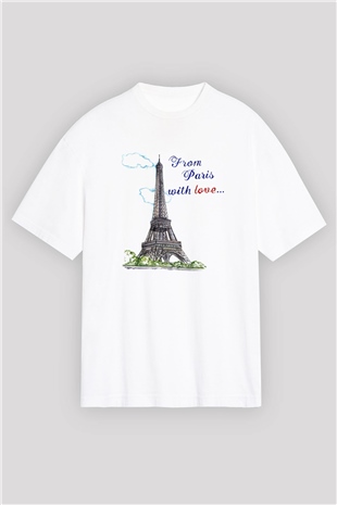 Eyfel Kulesi Beyaz Unisex Oversize Tişört T-Shirt