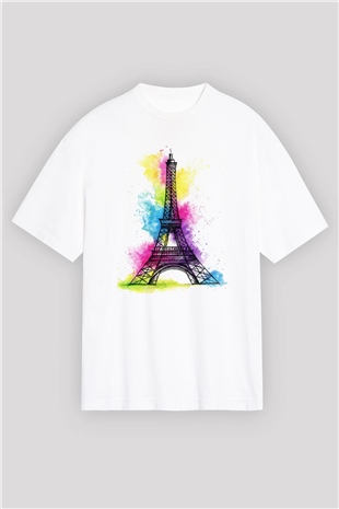 Eyfel Kulesi Beyaz Unisex Oversize Tişört T-Shirt