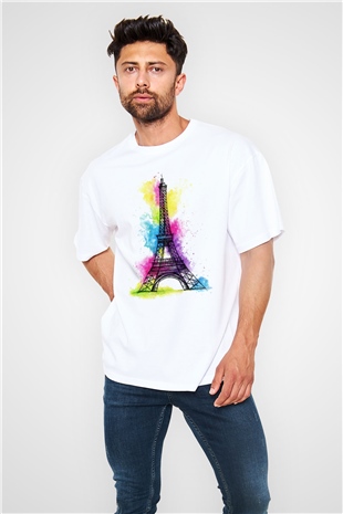 Eyfel Kulesi Beyaz Unisex Oversize Tişört T-Shirt