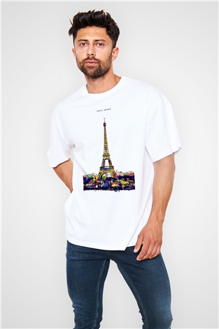Eyfel Kulesi Beyaz Oversize Tişört Oversize T-shirt - TişörtFabrikası