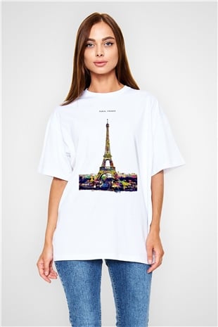 Eyfel Kulesi Beyaz Oversize Tişört Oversize T-shirt - TişörtFabrikası