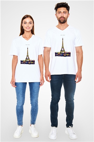 Eyfel Kulesi Beyaz Unisex V Yaka Tişört