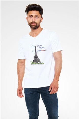 Eyfel Kulesi Beyaz Unisex V Yaka Tişört T-Shirt