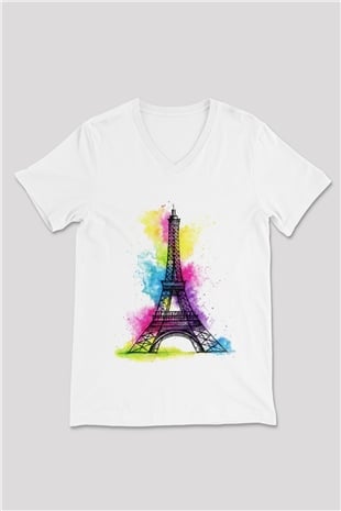 Eyfel Kulesi Beyaz Unisex V Yaka Tişört T-Shirt