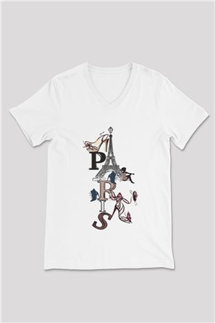 Eyfel Kulesi Beyaz Unisex V Yaka Tişört T-Shirt