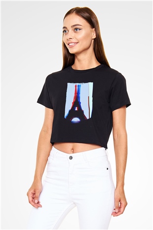 Eyfel Kulesi Siyah  Crop Top Tişört