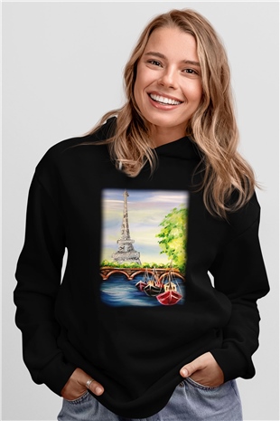 Eyfel Kulesi Siyah Unisex Hoodie