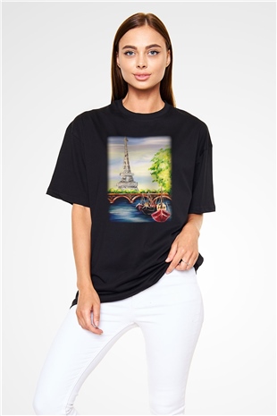 Eyfel Kulesi Siyah Unisex Oversize Tişört T-Shirt