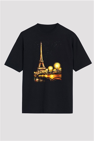 Eyfel Kulesi Siyah Unisex Oversize Tişört T-Shirt