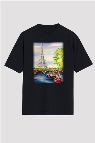 Eyfel Kulesi Siyah Unisex Oversize Tişört T-Shirt