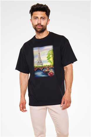 Eyfel Kulesi Siyah Unisex Oversize Tişört T-Shirt