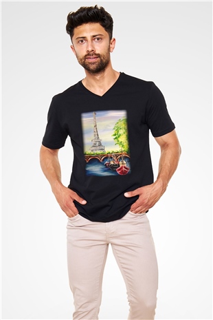 Eyfel Kulesi Siyah Unisex V Yaka Tişört T-Shirt