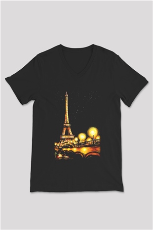 Eyfel Kulesi Siyah Unisex V Yaka Tişört T-Shirt