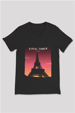 Eyfel Kulesi Siyah Unisex V Yaka Tişört