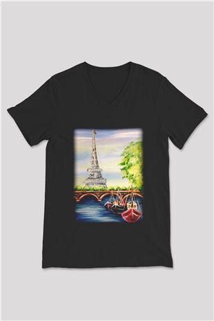 Eyfel Kulesi Siyah Unisex V Yaka Tişört T-Shirt