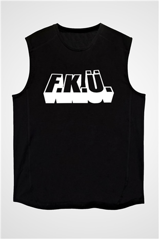 F.K.Ü Baskılı Unisex Siyah Kolsuz Tişört - Tshirt