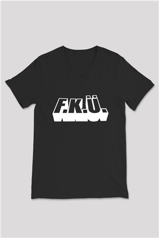 F.K.Ü Baskılı Unisex Siyah V Yaka Tişört - Tshirt