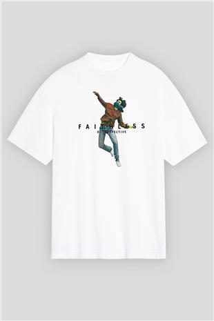 Faithless Baskılı Beyaz Unisex Oversize Tişört - Tshirt