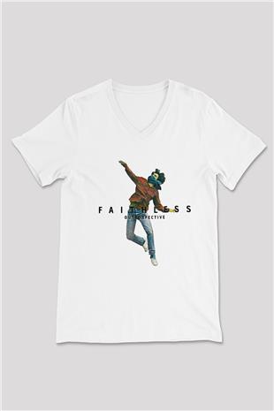 Faithless Baskılı Beyaz Unisex V Yaka Tişört - Tshirt