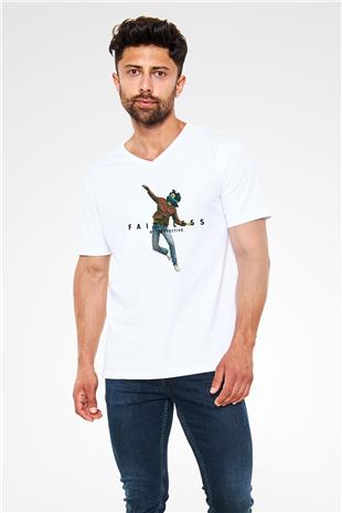 Faithless Baskılı Beyaz Unisex V Yaka Tişört - Tshirt