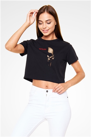 Faithless Baskılı Siyah Crop Top Kadın Tişört - Tshirt