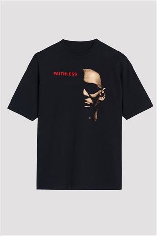 Faithless Baskılı Unisex Siyah Oversize Tişört - Tshirt