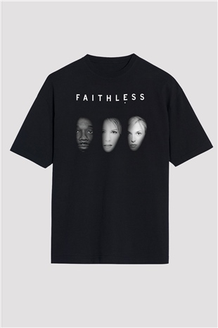 Faithless Baskılı Unisex Siyah Oversize Tişört - Tshirt