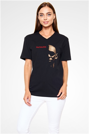 Faithless Baskılı Unisex Siyah V Yaka Tişört - Tshirt