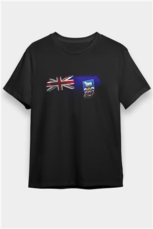 Falkland İslands Bayrağı Baskılı Unisex Siyah Tişört
