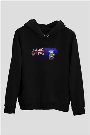 Falkland İslands Bayrağı Baskılı Unisex Siyah Hoodie