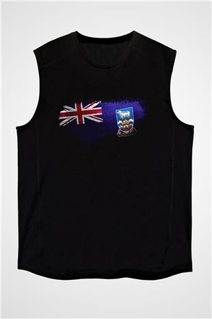 Falkland İslands Bayrağı Baskılı Unisex Siyah Kolsuz Tişört
