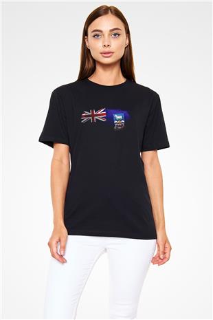 Falkland İslands Bayrağı Baskılı Unisex Siyah Tişört